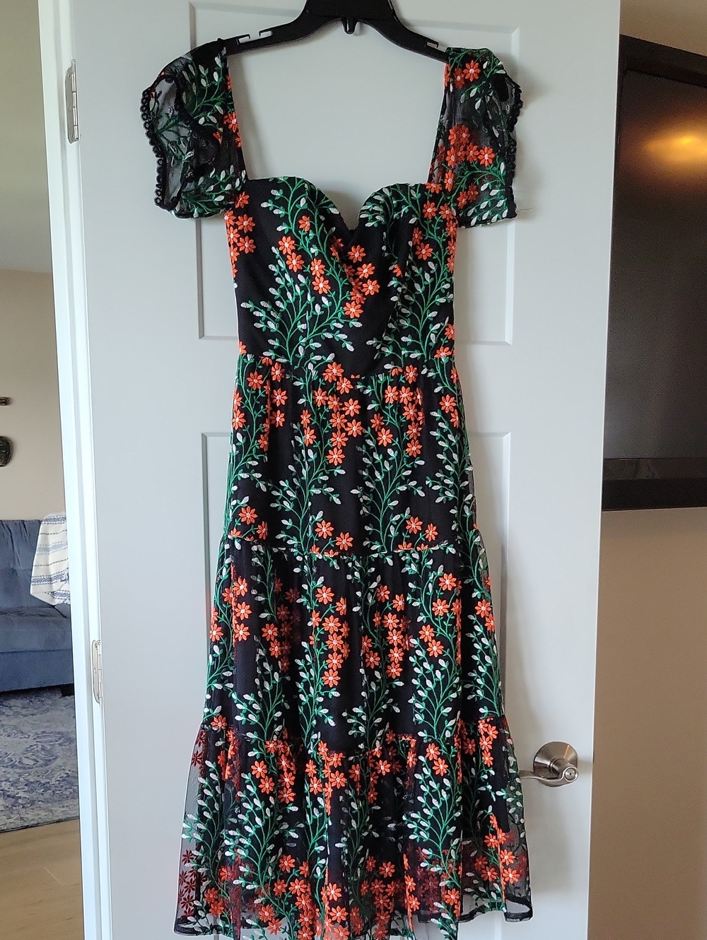 Dress the Population Black Midi Dress with Orange Floral Embroidery